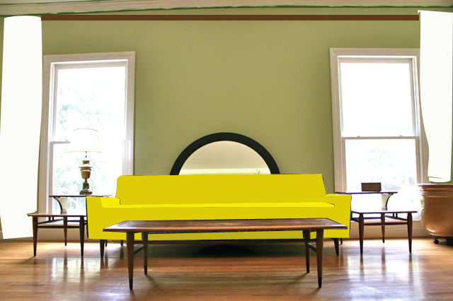 yellow sofa one curtain