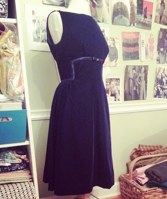 handsewn blue velvet cocktail dress