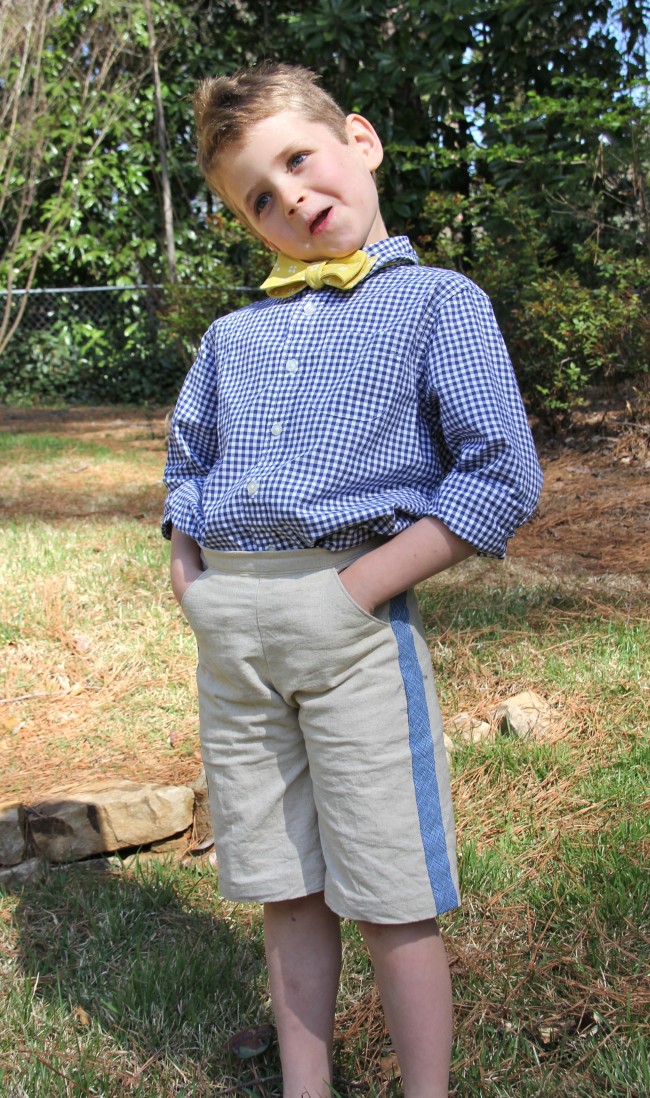 linen shorts with tuxedo stripe