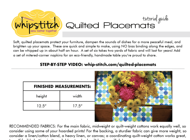 A printable guide with instructions for making a set of quilted placemats without binding